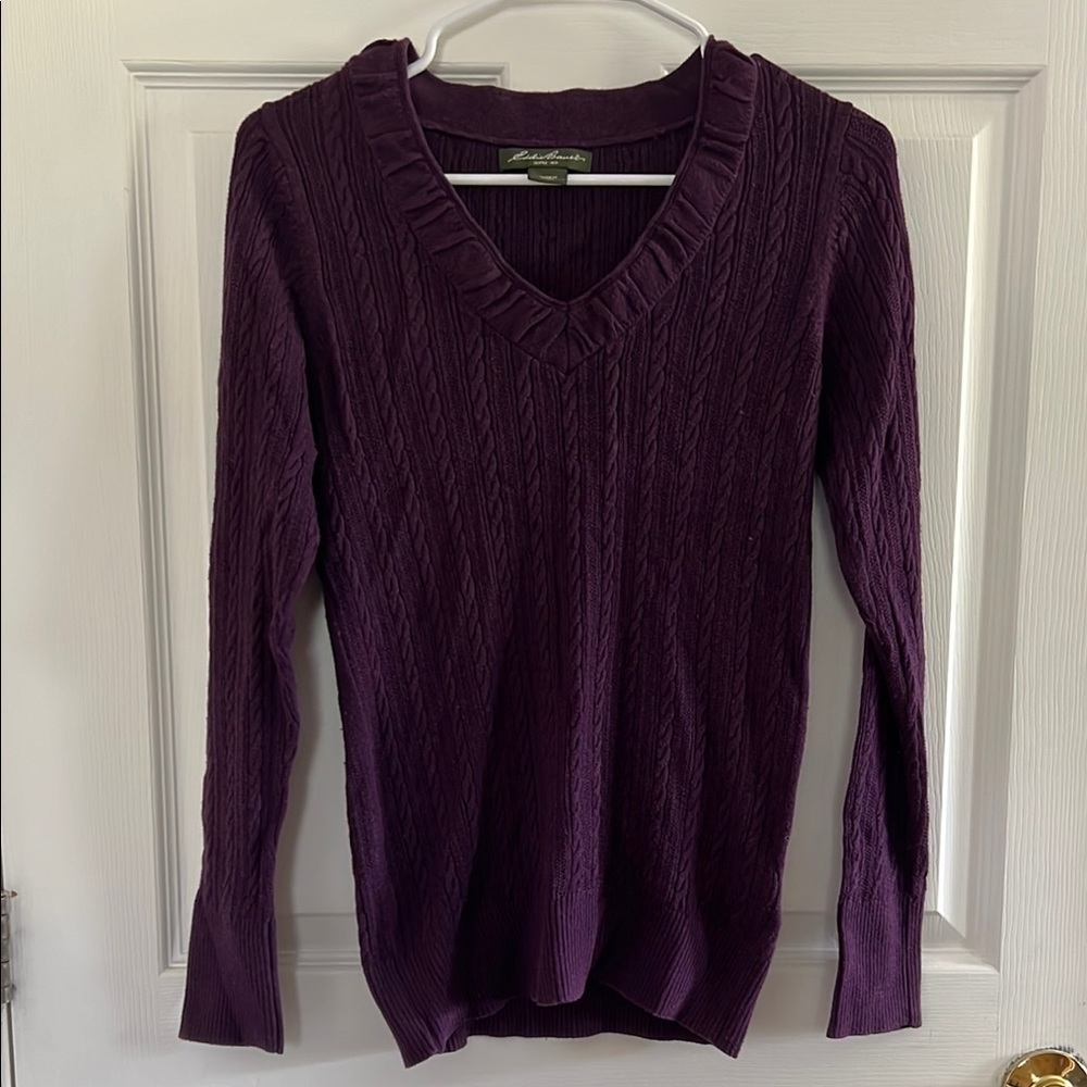 Eddie Bauer Deep Plum Cable-Knit V-Neck Sweater